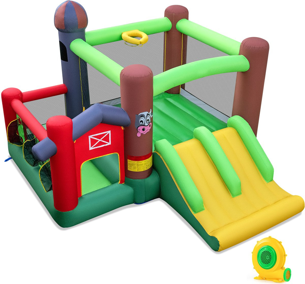 SureDeal Opblaasbaar Springkussen met Dubbele Glijbaan Boerderij en Trampoline met Basketbal Hoepel - Multicolor - 365 x 332 x 225 cm