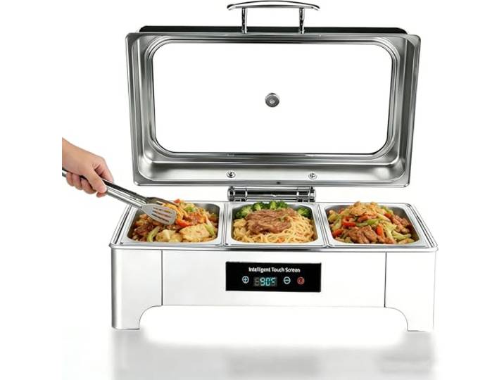 Chafing Dish Elektrisch, 9L Edelstahl Speisenwärmer Glasdeckel (GN1/3) Speisewärmer Buffetwärmer Elektrisch mit Touch-Temperaturregelung, Warmhaltebehälter Essen Elektrisch für Buffet und Party