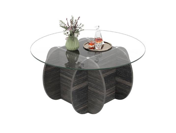 COSTWAY Couchtisch Glastisch rund, Wohnzimmertisch Glas, Holz, ø89cm