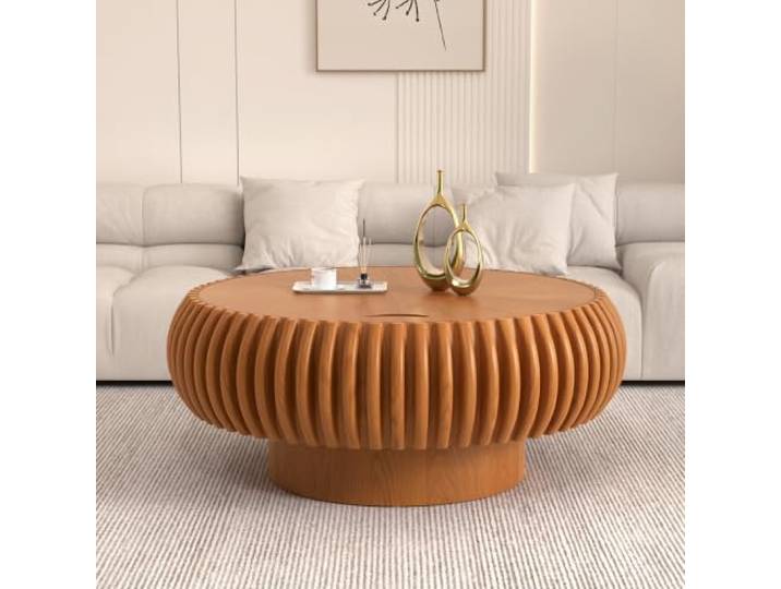 Handgefertigter, runder Couchtisch mit geriffelter Struktur Couchtisch im modernen Farmhouse-Stil, trommelförmiger Holztisch, einfache Montage, stabiler und robuster Standfuß