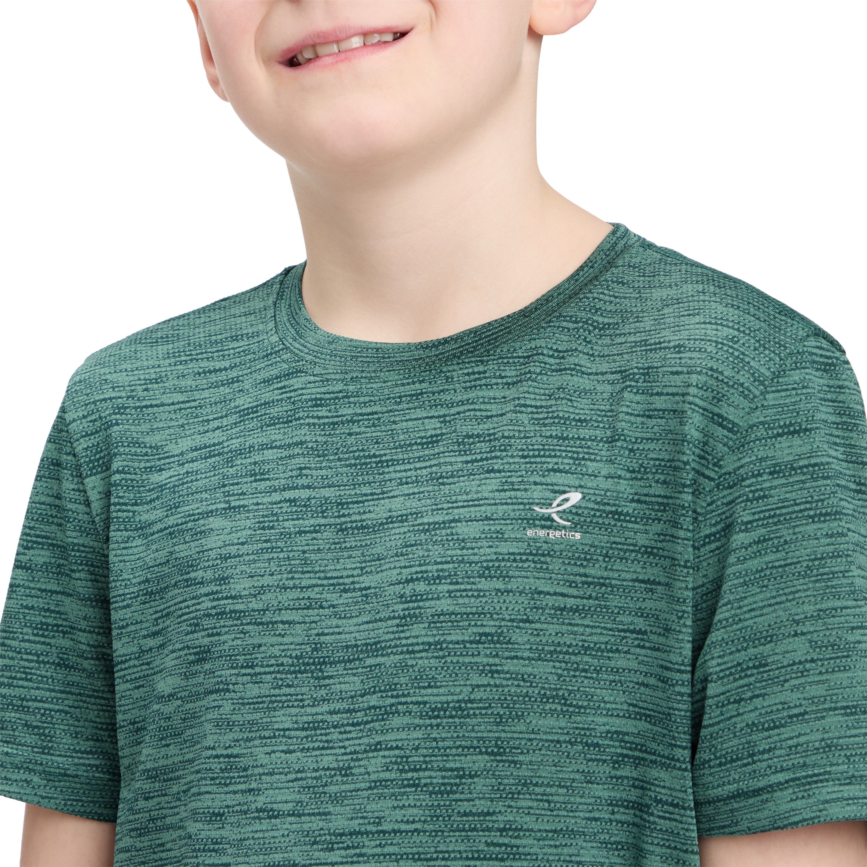 T-Shirt ENERGETICS "Ju.-T-Shirt Telly II SS B", Jungen, Gr. 116, grün (907 melange, blau pet), Jersey, Obermaterial: 100% Polyester, normal, Rundhals, Shirts T-Shirt, Kurzarmdesign, mit Rundhalsausschnitt, aus Polyester-Jersey 907 melange, blau pet 116
