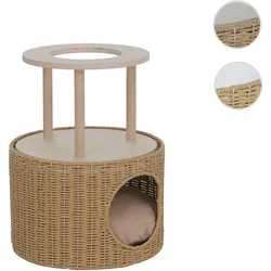 Katzenbett HWC-Q59, Katzenhöhle mit Kletterbereich Plattform Katzenkorb/-möbel Holz FSC® 50x39x39cm ~ natur, Kissen beige