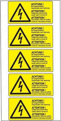 Warn-Kombischild Bei ausgeschaltetem Hauptschalter unter Spannung Folie selbstklebend (B x H) 74mm x 37mm 5St.