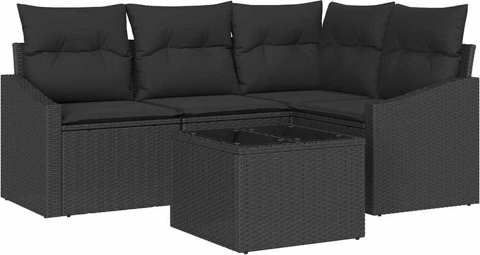 Modulares Gartenmöbel-Set, wetterfestes Poly Rattan, Schwarz, mit Kissen, höhenverstellbarer Tisch, UV-beständig, 4 Sitzplätze