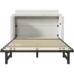 OKWISH Schrankbett Leinen Beige 201,5x150x95,5 cm, 140x200 cm, mit Schublade, USB- und Typ-C-Anschlüssen, mobiles Ablagefach