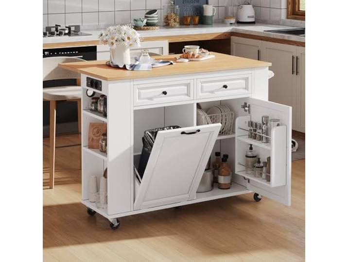 Ropilly Kücheninsel mit Rollen, ausziehbarer Tischplatte, MDF, Weiß Mobile Kücheninsel mit Rollen, ausziehbarer Tischplatte und Stauraum für Küche und Esszimmer
