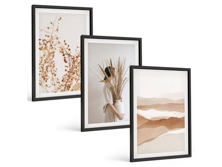 Tulup Bilder SET 3er Set - 40x60 cm Schwarzer Rahmen - Rustikale Boho-Blumenmotive, Kunststoff, Rechteckig, 40x60 cm, gerahmt, Bilder & Rahmen, Bilder