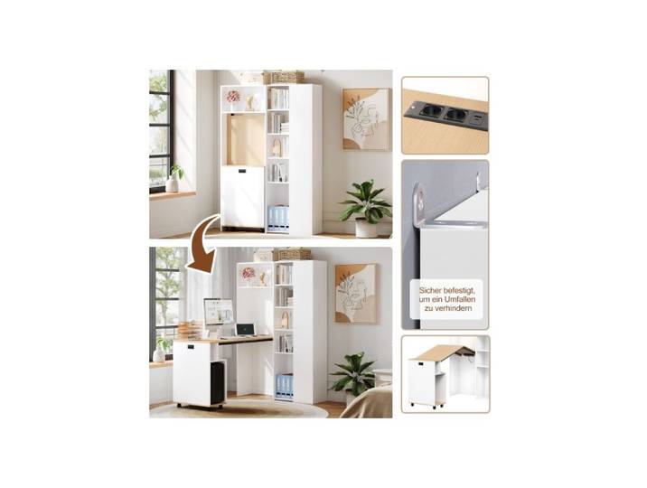 Bureau pliable 2-en-1 avec rangements prise USB étagères réglables anti-bascule blanc – Bureau d'angle droit