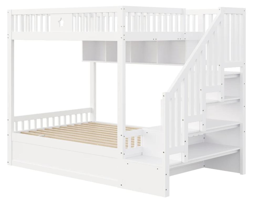 Etagenbett aus Holz - 140 x 200 cm - Stauraumtreppe - Regale - Hydraulischer Stauraum unter dem Bett - Sternförmige Holzklötze - Weiß