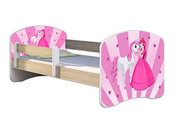 ACMA Kinderbett 160x80 Jugendbett mit Matratze, Farbe Sonoma mit Rausfallschutz Lattenrost II Spielbett Kinderzimmer Möbel, 08 Princess