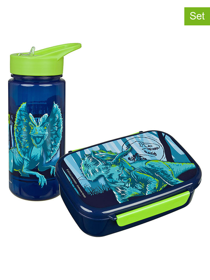 SCOOLI 2tlg. Set: Brotzeitdose und Trinkflasche "Jurassic World" in Dunkelblau - onesize