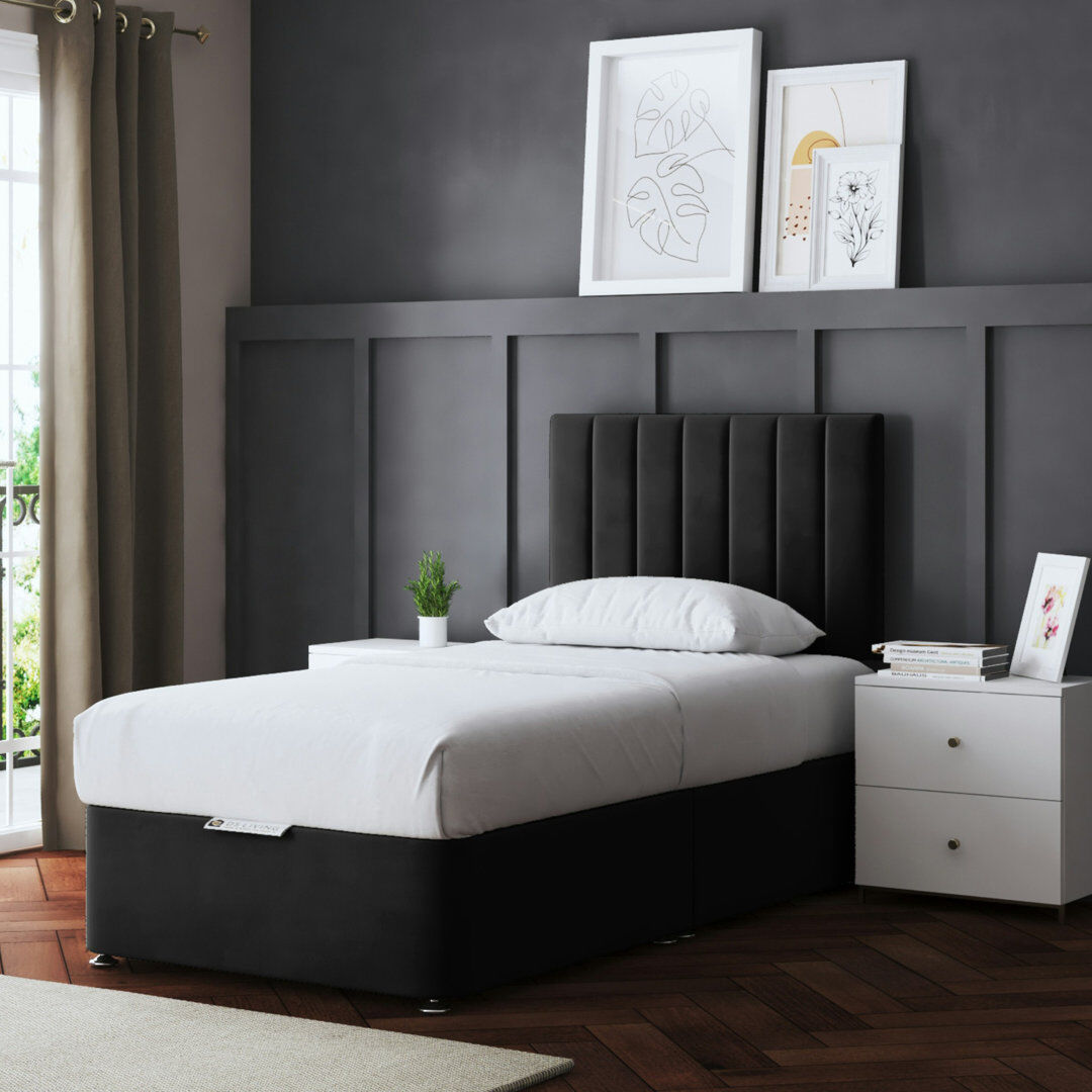 DS Living Upholstered Panel Divan Bed with Headboard Midnight Black Single (3')