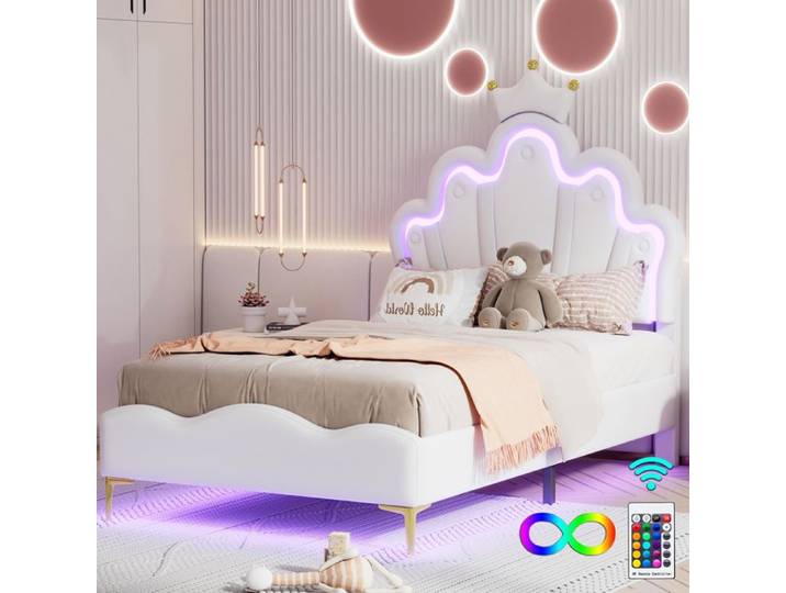 Lit princesse - LUMINARIX - 90x200cm - Tête de lit couronne - Éclairage LED - Velours blanc