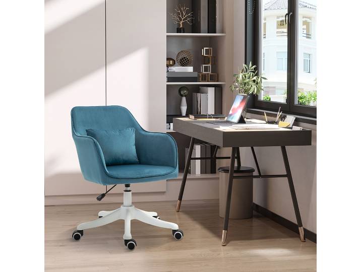 HOMCOM Chaise Bureau Velours Bleu Massante Pivotante