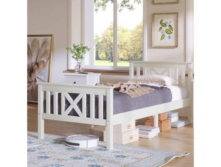 Lit en bois Lit simple de cadre de lit avec cadre d'ardoise Lit en bois avec tête - 90 x 200 cm Lit de jeunesse Pin massif Blanc