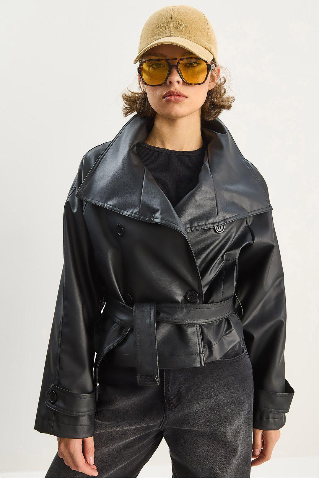Oversized Faux Leren Jacket met Knopen Sluiting