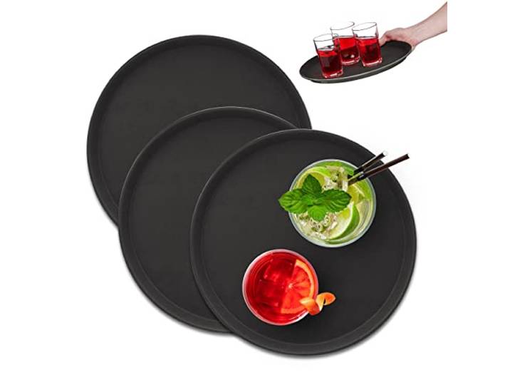 Relaxdays Lot de 3 plateaux de service ronds\, diamètre de 35 cm\, surface antidérapante\, restaurant\, noir