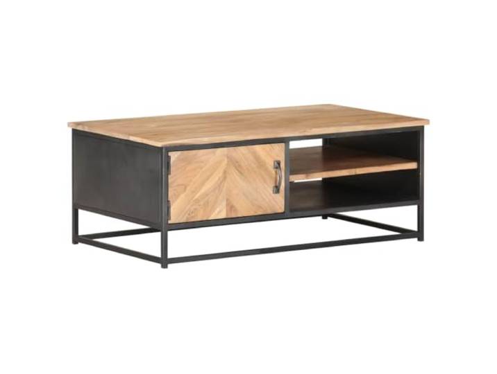 Roanoer Couchtisch Massivholz Akazie 90x50x35 cm Wohnzimmertisch Rustikaler Holztisch mit 2 offenen Fächern und Tür für Büro und Wohnzimmer. Bereits vollkommen fertig montiert.