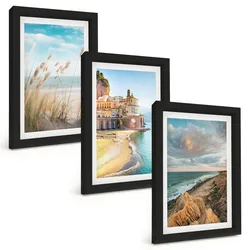BILDER SET 3er Set - 20x30 cm Schwarzer Rahmen - Landschaften Strand Klippen Stadt