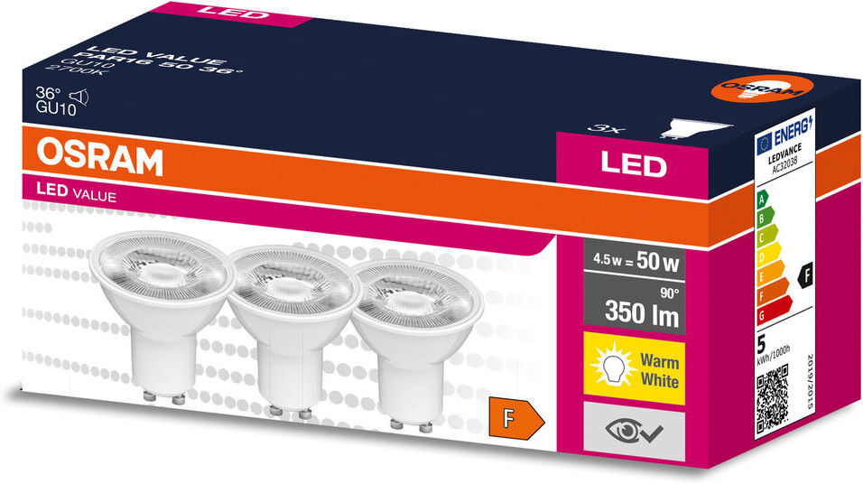 Osram Led Value Par16 50 36 ° 4,5 W/2700 K Gu10 (3er Pack)