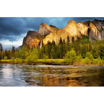 Fototapete PAPERMOON "YOSEMITE TAL-FLUSS GEBIRGE WALD BERGE SONNE WASSERFALL", bunt, B:2m L:1,49m, Vlies, Tapeten
