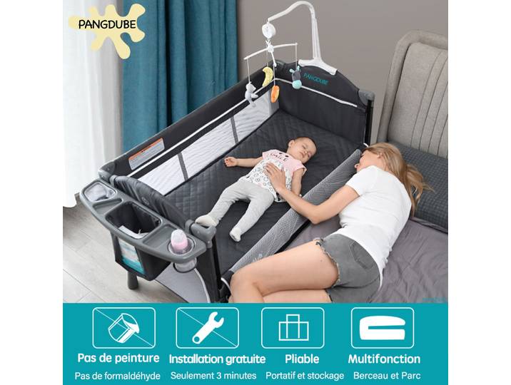 PANGDUBE Lit bébé multifonctionnel 4-en-1 avec fonction berceuse, table à langer et lit pliant, lit de voyage pour nouveau-né de 0 à 3 ans, 2 roues + sac de transport