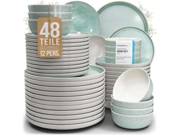 Steingut Geschirrset 12 Personen Ibiza 48 tlg. TESTSIEGER, Traumhaftes Mediterranes Steingut Geschirr Set, Schüssel- und Teller Set, Tafelservice 12 Personen, Geschirrsets Pure Living in Türkis