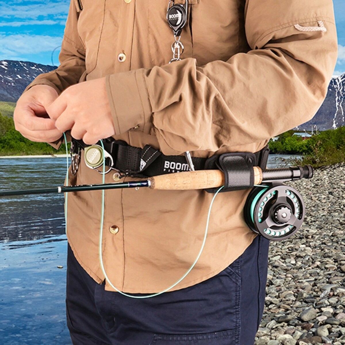 INF Ceinture de taille de pêche large avec bande multifonction, support de canne à mouche et gaine mains libres, Noir