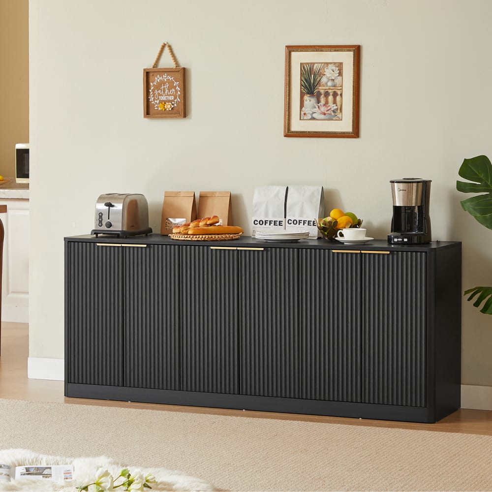 Urban Meuble Buffet noir 6 portes façade ondulé et détails dorés Noir 170x71x40cm