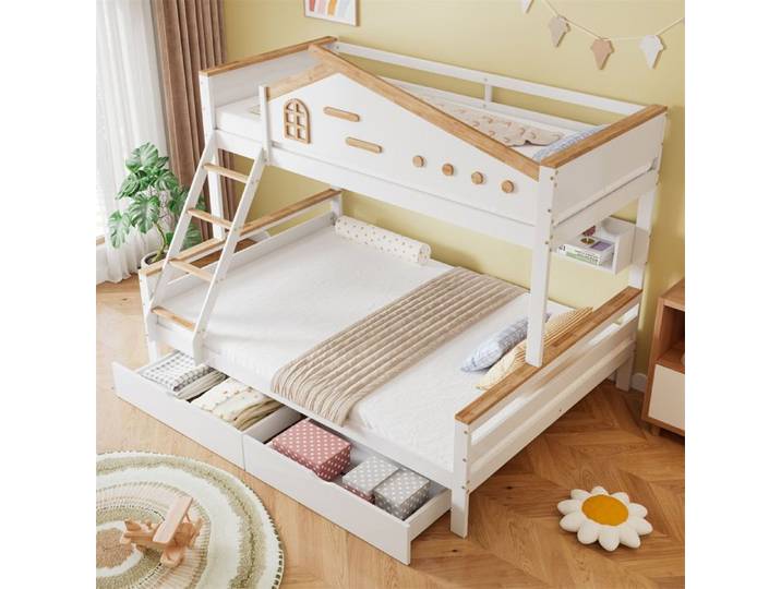 Lit Superposé Enfant avec Rangement Filet de Protection Bicolore Fenêtre Escalier Étagères Ouvertes Blanc