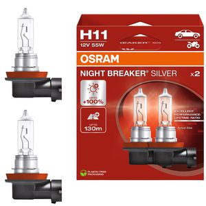 OSRAM Auto-Lampe Night Breaker Silver, 3200 Kelvin, H11, 12 V / 55 Watt, Scheinwerferlampe, Halogen, 2 Stück