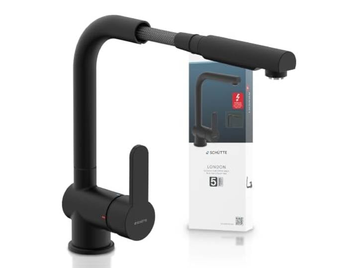 SCHÜTTE LONDON Robinet Cuisine Basse Pression avec Douchette Extensible Mitigeur\, Rabattable Mitigeur Robinet Evier de Cuisine avec Douchette\, Rotative à 360° Froid & Chaud Disponible\, Noir