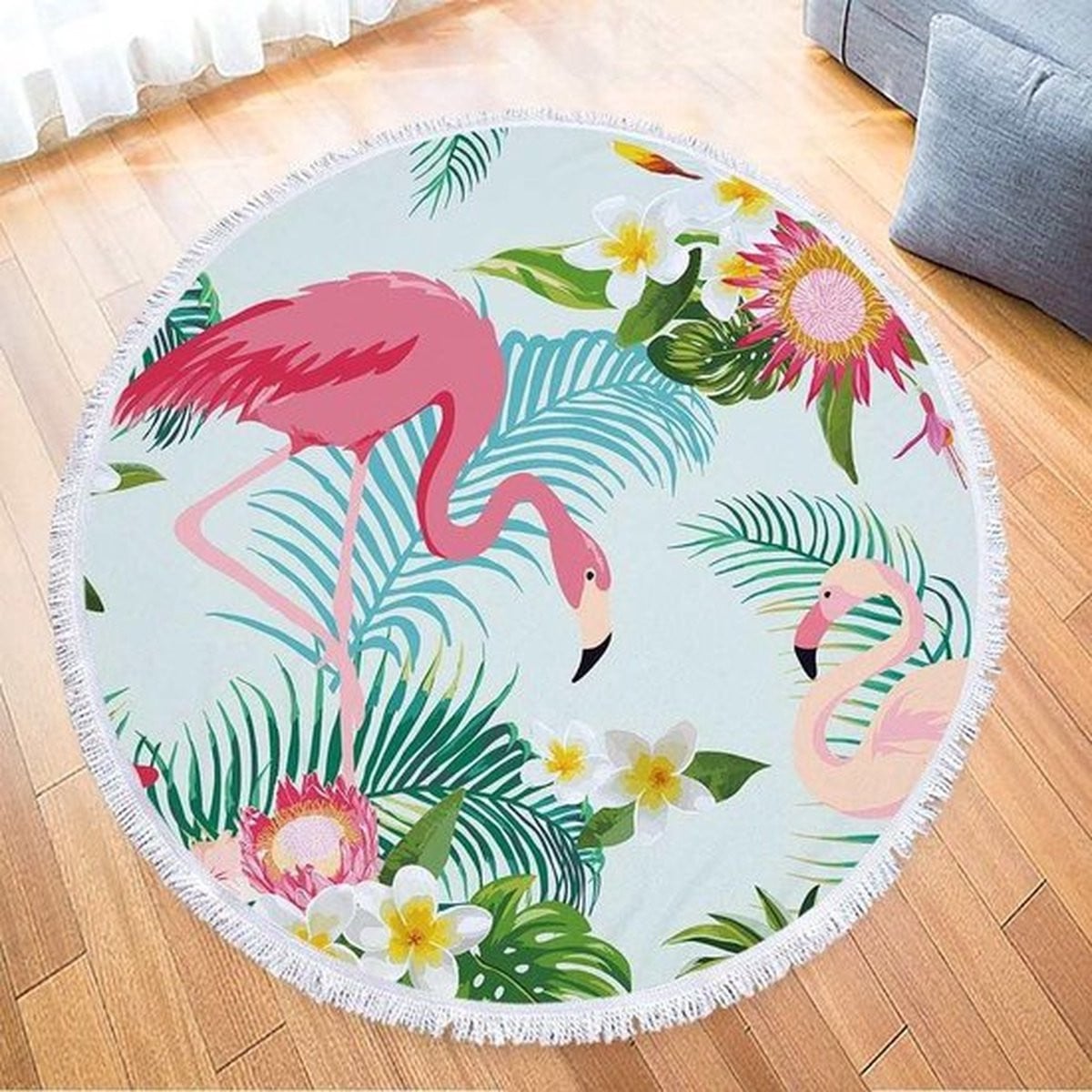Rond strandlaken met flamingo en bloemenprint - Diameter: 150 cm