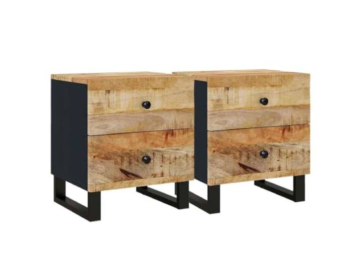 Fisinber Nachttisch 2er Set Massivholz Mango Beistelltisch 40x33x46 cm Zwei rustikale Kommoden aus Echtholz mit schwarzem Eisengestell bieten viel Stauraum für Ihr Schlafzimmer.