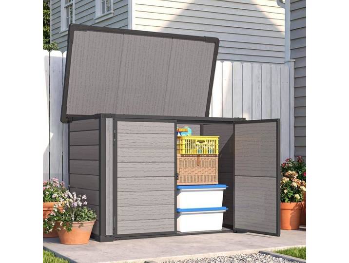 YODOLLA Armoire de Jardin - Résistant à la Pluie et Rouille - Couvercle Rabattable Verrouillable - 132x76x90cm - Gris