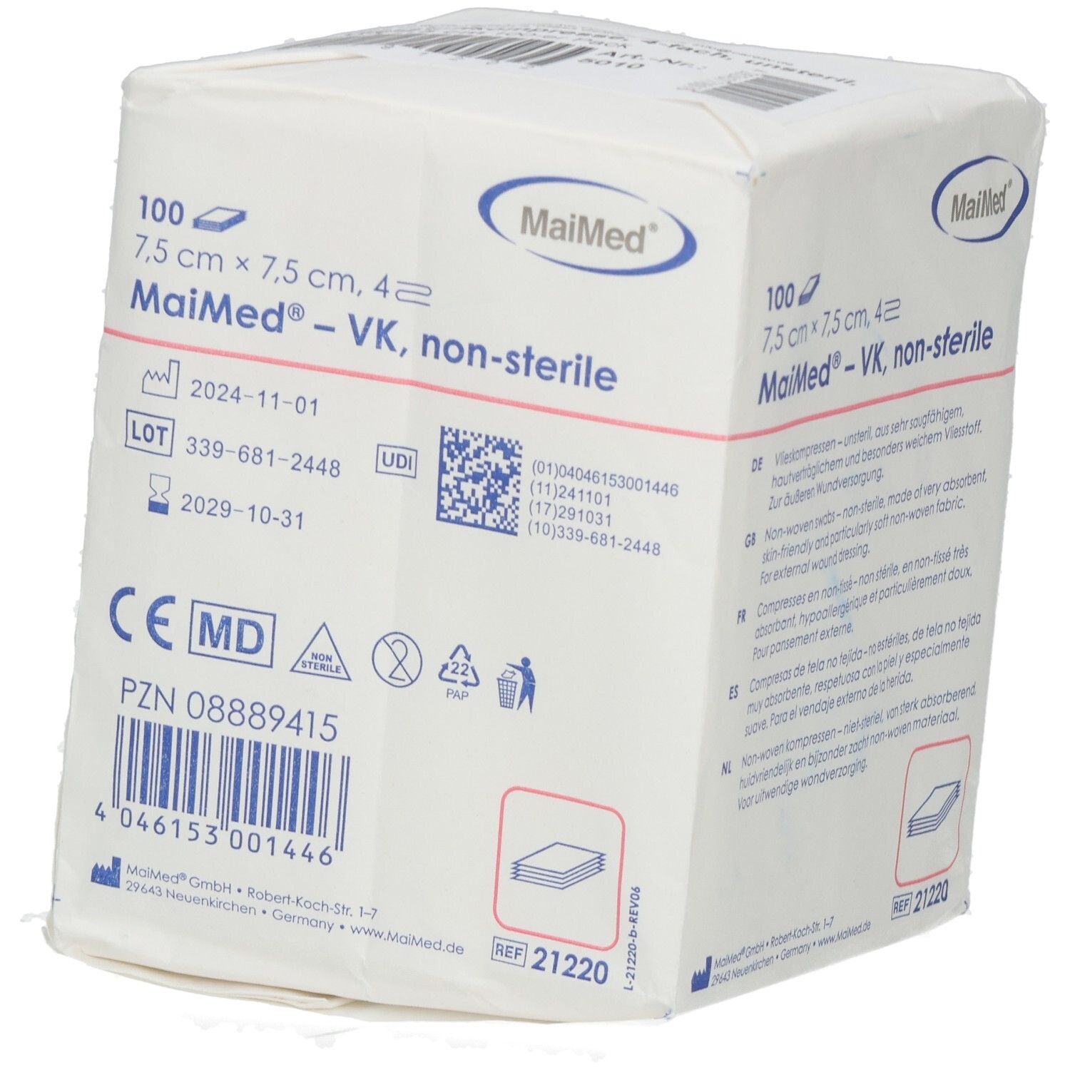 Vliesstoff-Kompressen unsteril 7,5x7,5 cm 4fach 100 St Kompressen