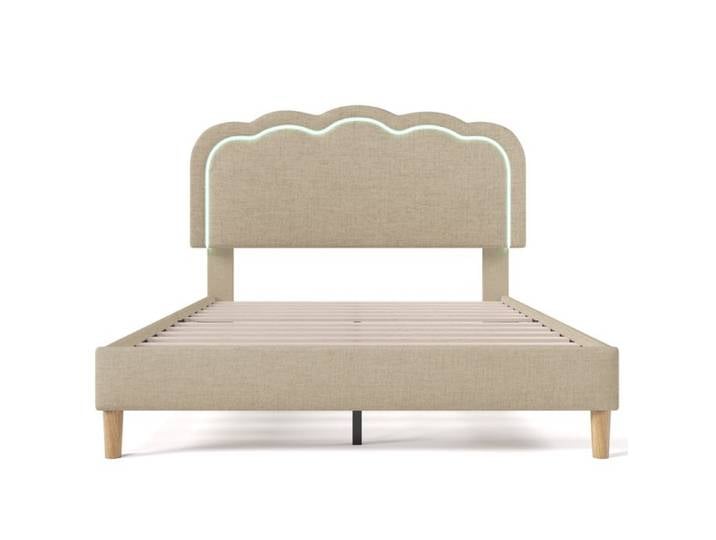 BEL Lit capitonné LED double 140 x 200 cm cadre lattes tête réglable lin beige chambre enfant/amis