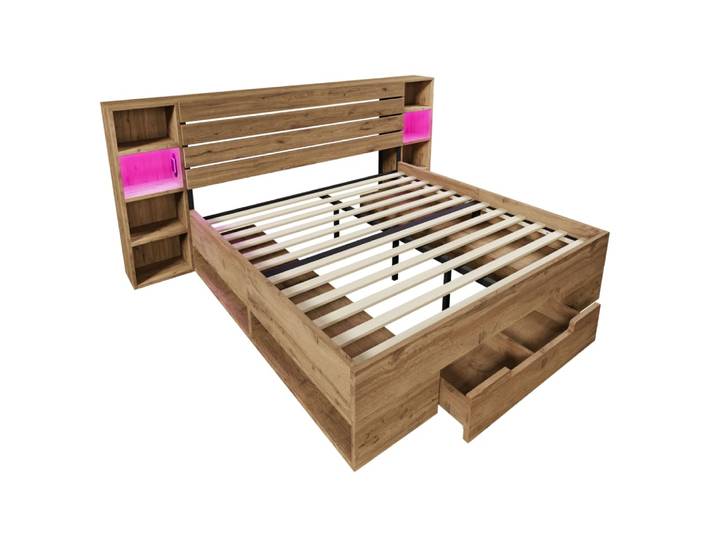 Lit double 180x200 cm avec éclairage led, port usb-c, rangement, chêne