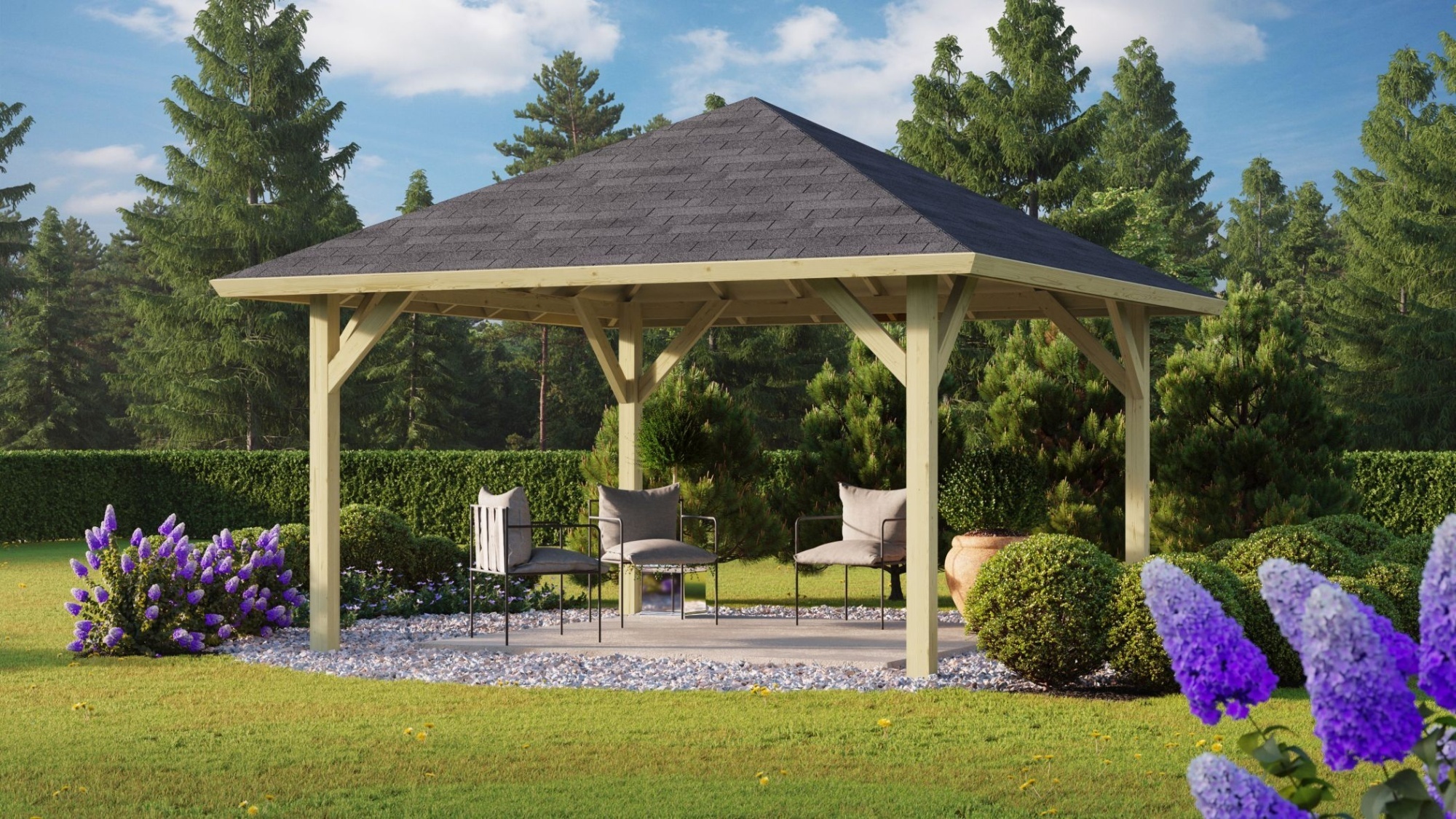 Pavillon Holz Gartenpavillon Gartenlaube Holm 1 im Set mit Schindeln kesseldruckimprägniert 359x359x315 cm