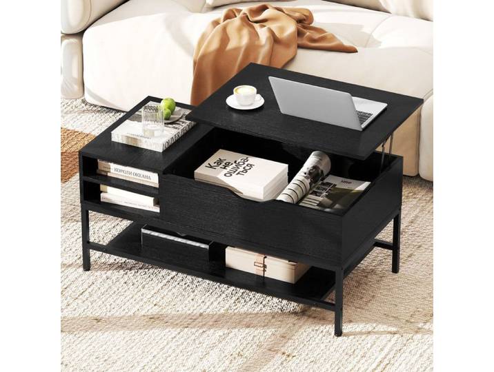 GOPLUS Table Basse Relevable avec Étagère de Rangement Amovible Compartiment Caché Étagère Inférieure 99 5x49 5x47 5cm Noir