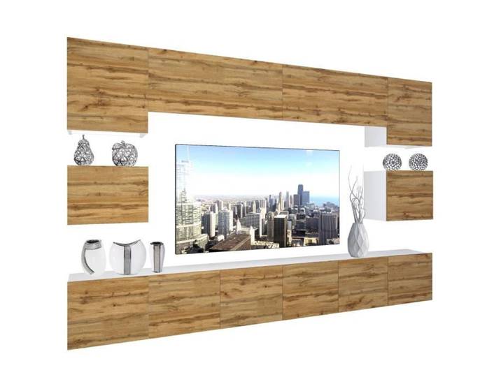 Unité Murale TV - BELINI - NEX 3-0-W-DW-0-0-PP - Chêne Wotan - LED Multicolore - Design Contemporain