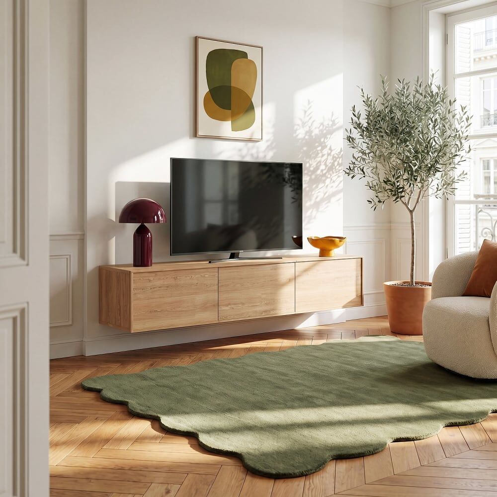 Habitat Meuble tv suspendu 2 portes 1 abattant en chêne - naturel Marron 180x35x40cm