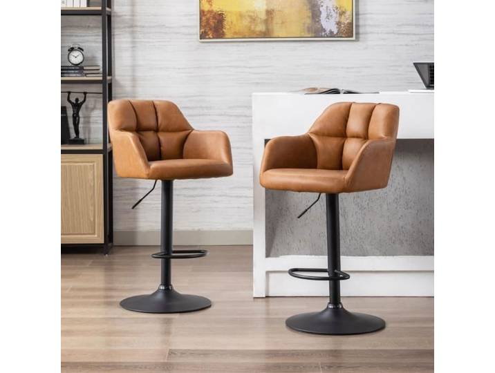 Wahson Lot de 2 Tabouret de Bar en Cuir PU Chaise de Bar Réglable Chaise Haute Cuisine pour Bar-Cuisine Marron