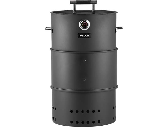 VEVOR Fumoir\, 470 mm\, gril à charbon de bois\, gril fumé\, BBQ-Smoker\, tonneau de gril en acier revêtu avec 2 grilles\, 1 barre de suspension\, 6 crochets & thermomètre\, idéal pour les fêtes\, le jardin & la terrasse