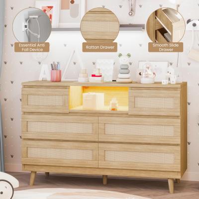 Garvee Stylish Natural Rattan Dresser with RGB LED Light & Charging Station - 6 Drawer Versatile Storage Chest for Bedroom,