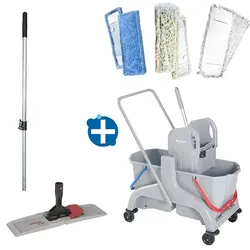 Reinigungswagen Bayersan Profi Set 5 aus Doppelfahrwagen 2x18 L, Mopphalter, Telestiel, Möppe