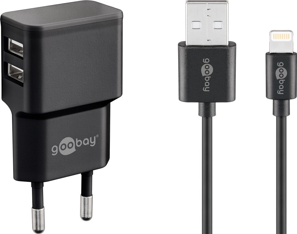 Goobay Apple Lightning Dubbele oplader met netadapter, 2 x USB-poorten en 1 meter Lightning-kabel, zwart