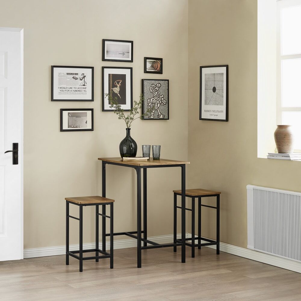 SoBuy Set de 1 table et 2 chaises de bar effet bois et métal noir Marron 80x87x50cm