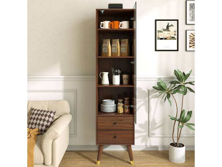 Vitrine moderne haute avec porte vitrée 39.8x35x160cm vitrine avec étagères réglables et 2 tiroirs Vitrine sur pied pour salon noyer