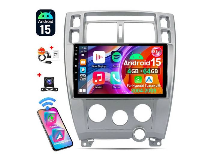 ESSGOO Android 15 CarPlay Für Hyundai Tucson JM 2004-2010 GPS NAVI Bluetooth Autoradio (RDS, 4+64GB(optional), DAB (optional), FM, GPS, DAB+ (optional), Carplay Android Auto Bluetooth EQ USB GPS Navi WIFI Touchscreen)